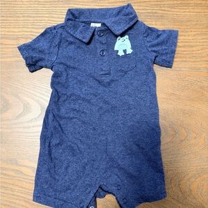 First Impressions Navy Romper with Penguin Accent